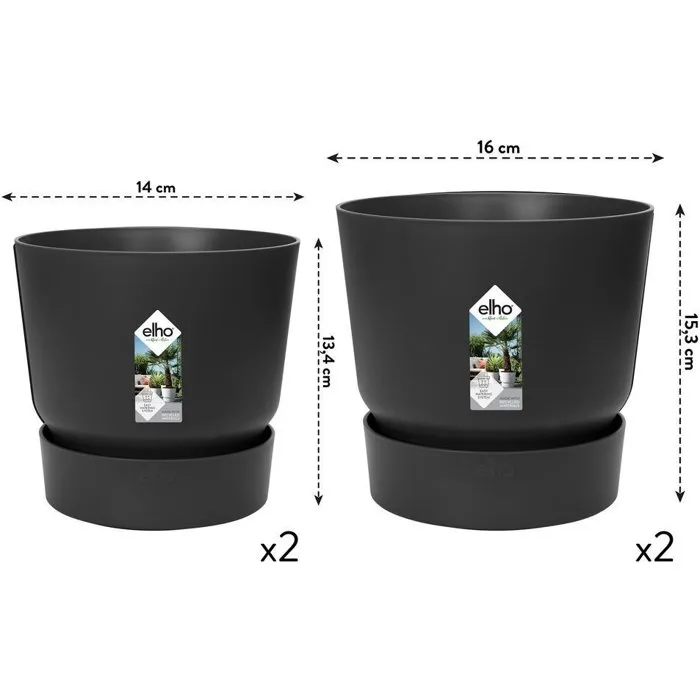 Elho Greenville - Lot de 2 pots de fleurs ronds en marc de café recyclé - Noir - Dimensions : Ø14xH13.4 cm et Ø16xH15.3 cm - 7 L