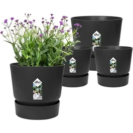 Elho Greenville - Lot de 2 pots de fleurs ronds en marc de café recyclé - Noir - Dimensions : Ø14xH13.4 cm et Ø16xH15.3 cm - 7 L