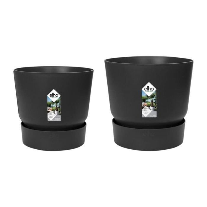 Elho Lot de 2 pots de fleurs ronds Greenville Noir - Ø14cm et Ø16cm