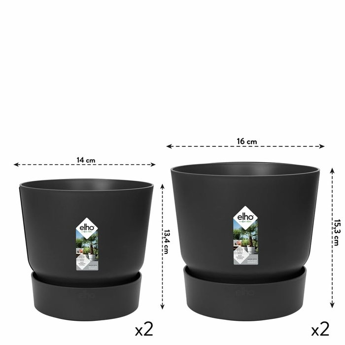 Elho Lot de 2 pots de fleurs ronds Greenville Noir - Ø14cm et Ø16cm