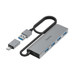 Hama 00200138 Hub USB 3.0 avec connecteurs USB-A et USB-C, 4 ports, Gris