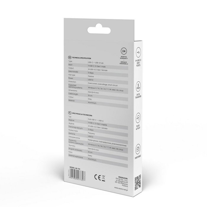 Hub USB-C 4 Ports Savio AK-54 Gris