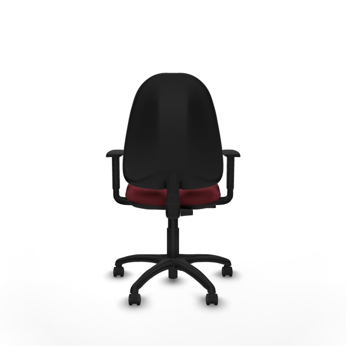 Chaise de bureau Algarra avec mécanisme de contact permanent de base, revêtue de similicuir couleur grenat. Équipée d'un piètement en polyamide noir, d'accoudoirs 1D et de roulettes pour parquet Chaise de bureau Algarra avec mécanisme de contact permanent de base, revêtue de similicuir couleur grenat. Équipée d'un piètement en polyamide noir, d'accoudoirs 1D et de roulettes pour parquet