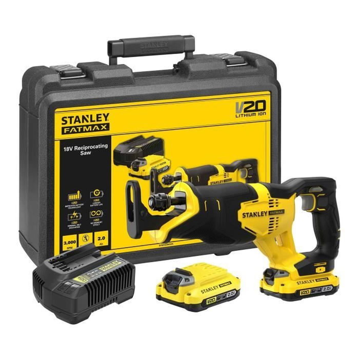 Stanley Fatmax Scie sabre sans fil 18V SFMCS300D2K-QW avec 2 batteries 2Ah Stanley Fatmax Scie sabre sans fil 18V SFMCS300D2K-QW avec 2 batteries 2Ah