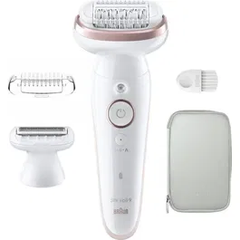 Braun 9-030 Silk-épil 9 Épilateur électrique sans fil étanche avec tête pivotante et 40 pincettes MicroGrip - Blanc / Rose