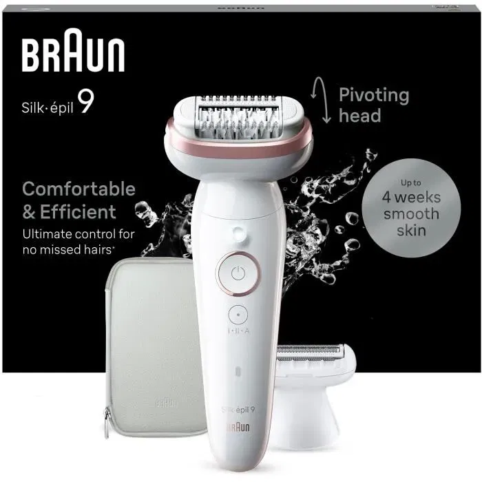 Braun 9-030 Silk-épil 9 Épilateur électrique sans fil étanche avec tête pivotante et 40 pincettes MicroGrip - Blanc / Rose