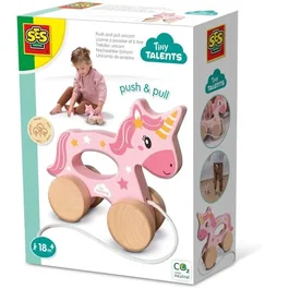 SES Creative - Licorne en bois 2 en 1 à pousser et à tirer, jouet avec cordon de traction et roues robustes, rose