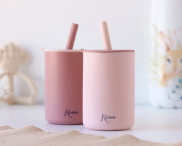 KioKids Lot de 2 verres en silicone rose avec paille