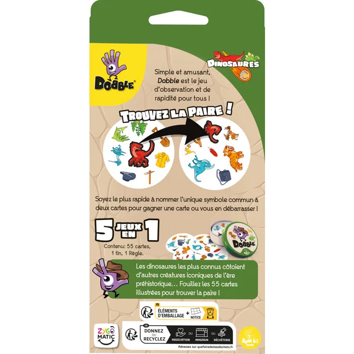 Zygomatic - Jeu Dobble Dinosaures - Jeu d'observation et rapidité - Version française - De 4 ans - 2 à 8 joueurs - 15 min