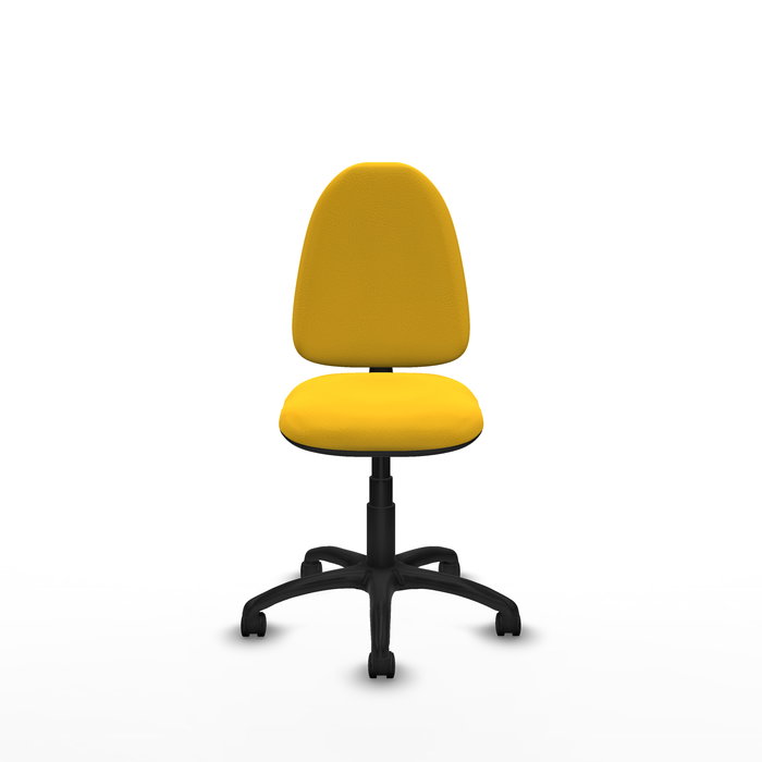 Chaise de bureau Aýna avec mécanisme Contact permanent de base, revêtue de simili cuir jaune. Équipée d'une base en polyamide noir, sans accoudoirs et de roulettes en nylon de 50 mm Chaise de bureau Aýna avec mécanisme Contact permanent de base, revêtue de simili cuir jaune. Équipée d'une base en polyamide noir, sans accoudoirs et de roulettes en nylon de 50 mm
