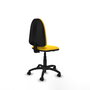 Chaise de bureau Aýna avec mécanisme Contact permanent de base, revêtue de simili cuir jaune. Équipée d'une base en polyamide noir, sans accoudoirs et de roulettes en nylon de 50 mm