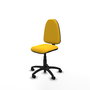 Chaise de bureau Aýna avec mécanisme Contact permanent de base, revêtue de simili cuir jaune. Équipée d'une base en polyamide noir, sans accoudoirs et de roulettes en nylon de 50 mm