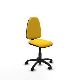 Chaise de bureau Aýna avec mécanisme Contact permanent de base, revêtue de simili cuir jaune. Équipée d'une base en polyamide noir, sans accoudoirs et de roulettes en nylon de 50 mm
