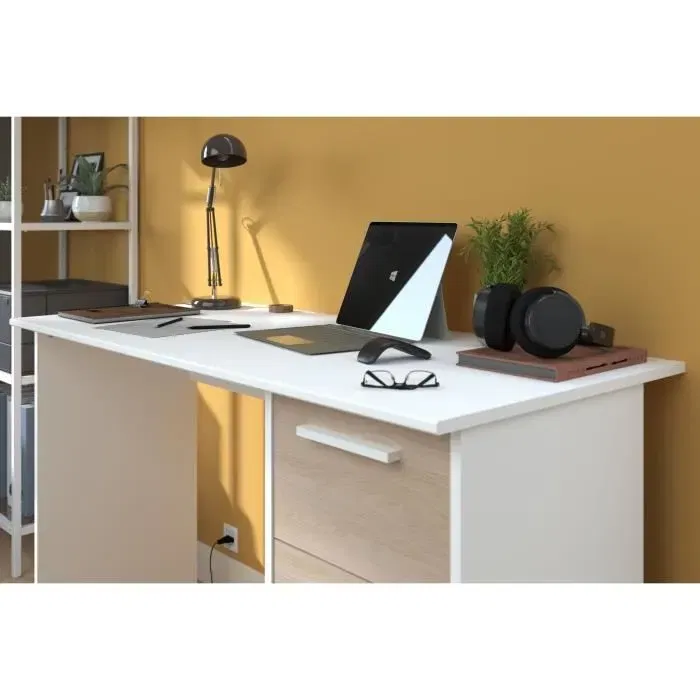 Parisot - Bureau Essentiel - 3 tiroirs - Décor chêne et blanc - L 121,2 x P 55 x H 74,5 cm