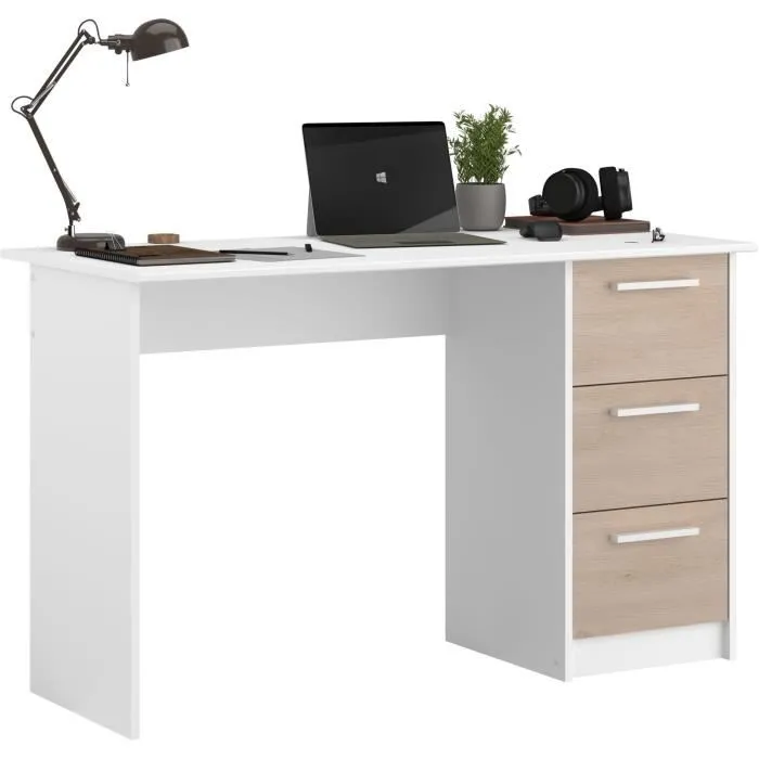 Parisot - Bureau Essentiel - 3 tiroirs - Décor chêne et blanc - L 121,2 x P 55 x H 74,5 cm