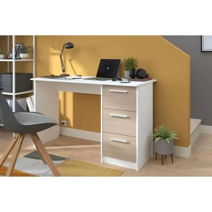 Parisot - Bureau Essentiel - 3 tiroirs - Décor chêne et blanc - L 121,2 x P 55 x H 74,5 cm