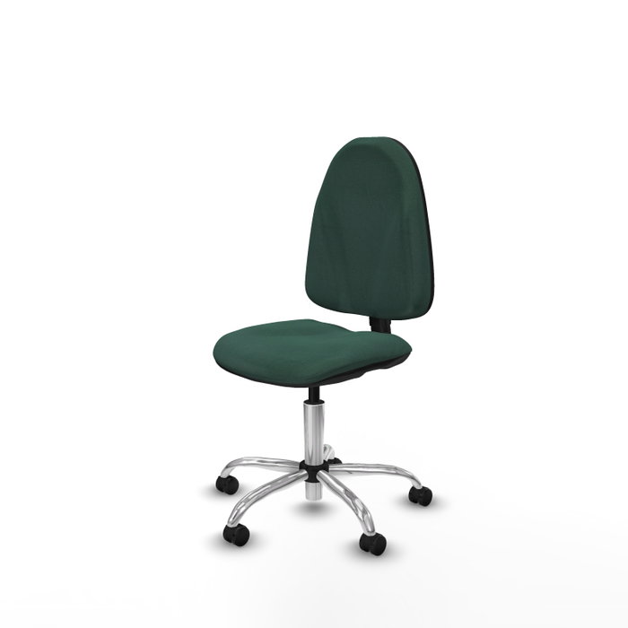 Chaise de bureau Algarra avec mécanisme Contact permanent de base, rembourrée de tissu vert bouteille. Équipée d'une base chromée, sans accoudoirs et de roulettes autobloquantes