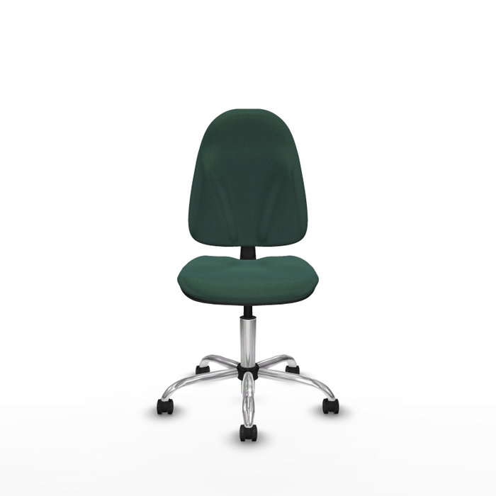 Chaise de bureau Algarra avec mécanisme Contact permanent de base, rembourrée de tissu vert bouteille. Équipée d'une base chromée, sans accoudoirs et de roulettes autobloquantes