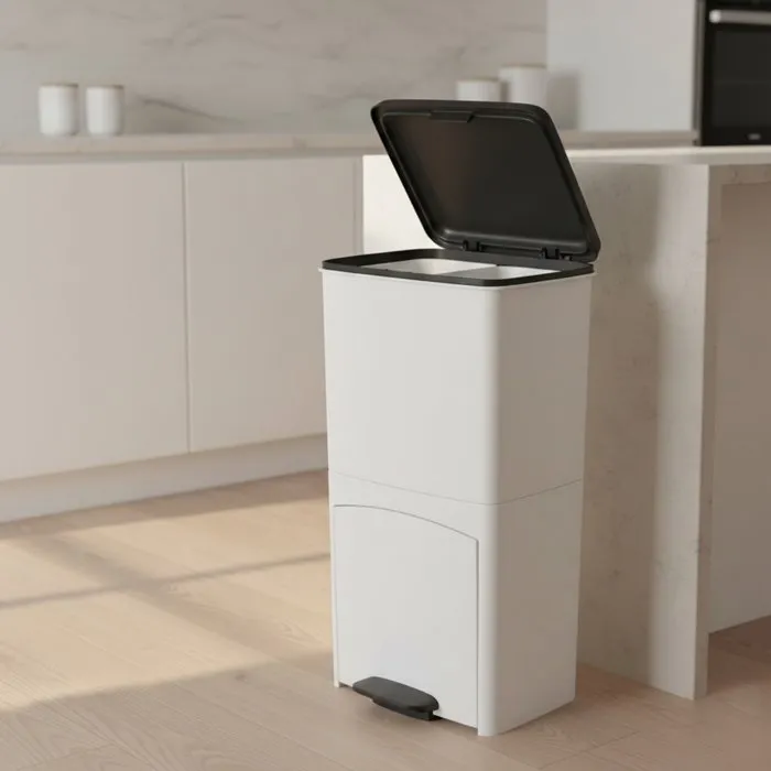 Kitchen Move PICEA - Poubelle de cuisine pour tri sélectif 70L avec double compartiment vertical et tiroir, blanc - Modèle recyclé léger et stable