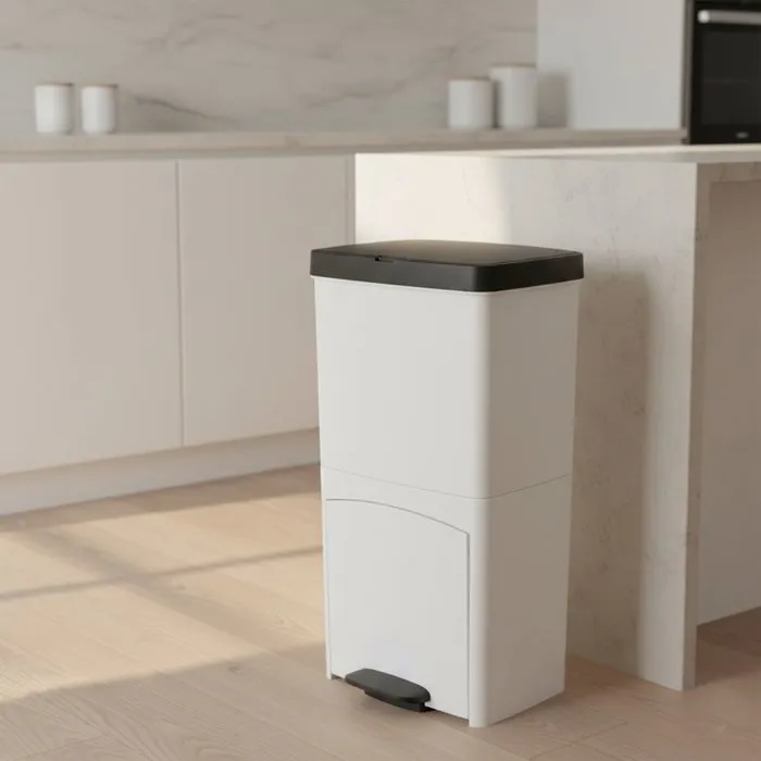 Kitchen Move PICEA - Poubelle de cuisine pour tri sélectif 70L avec double compartiment vertical et tiroir, blanc - Modèle recyclé léger et stable