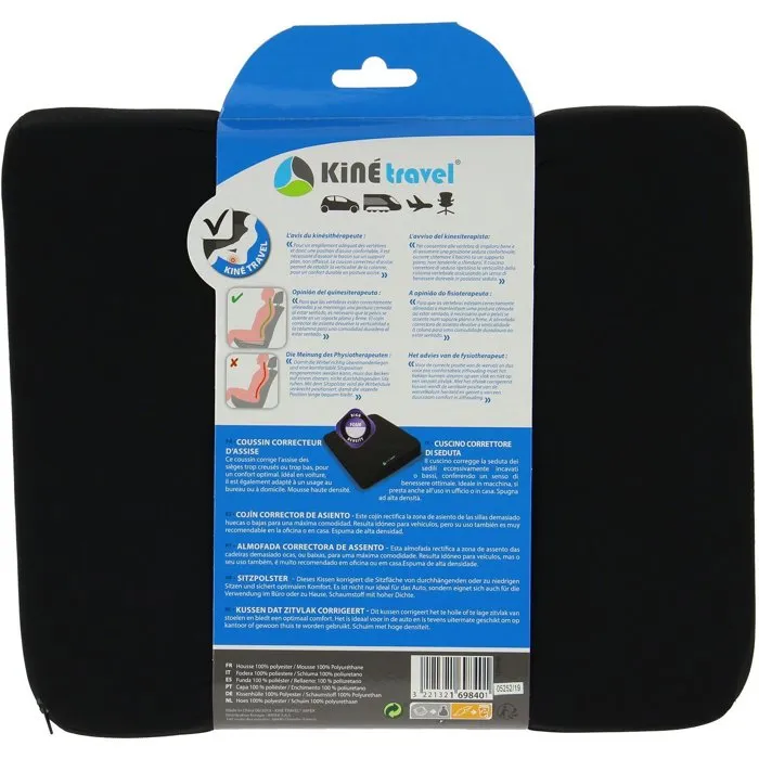 Kine Travel Coussin correcteur d'assise auto en mousse haute densité, développé avec un kiné, 38.5 x 32 x 7/4.5 cm, noir ou gris