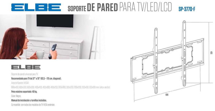 ELBE SP-3770-F - Support mural fixe pour TV 37 à 70 pouces, jusqu'à 40 kg, compatible VESA, noir