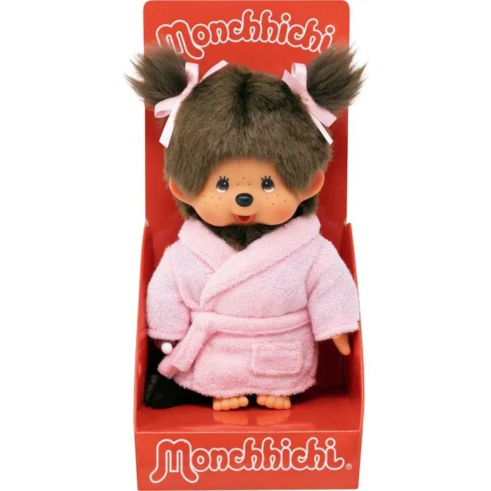 Monchhichi Peluche BANDAI Peignoir Rose 20 cm - Peluche Iconique Ultra Douce pour Câlins et Décoration de Chambre