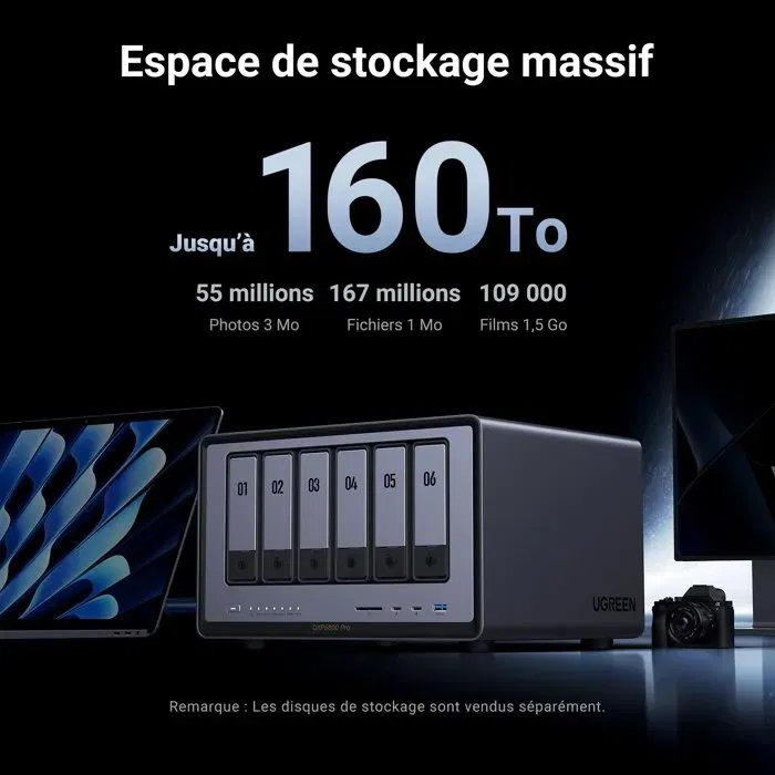 Serveur NAS UGREEN DXP6800 Pro - 6 Baies SATA, 2 NVMe, Intel Core i5 (12e Gen), RAM DDR5, 2 Ports 10 GbE, Thunderbolt 4, Jusqu'à ~196 To