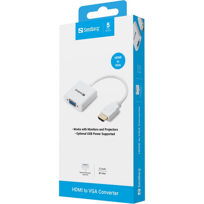 Sandberg - Adaptateur Convertisseur HDMI vers VGA pour Écran et Projecteur - Qualité d'Image Haute Définition - Alimentation USB Optionnelle
