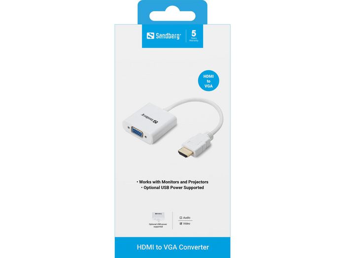Sandberg - Adaptateur Convertisseur HDMI vers VGA pour Écran et Projecteur - Qualité d'Image Haute Définition - Alimentation USB Optionnelle