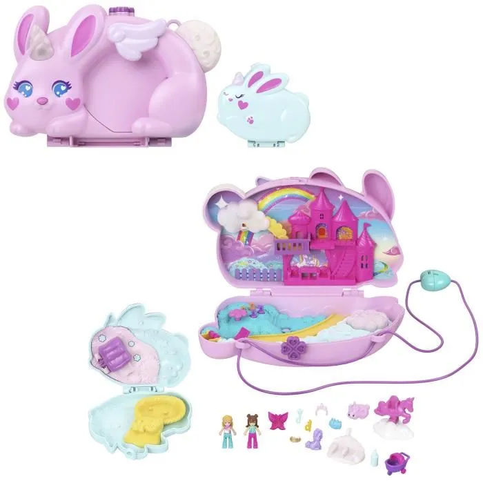 Polly Pocket - Coffret 2 en 1 Lapin JFT88 avec 2 figurines et 12 accessoires - Château et scène familiale - Jeu d'imagination pour enfants dès 4 ans