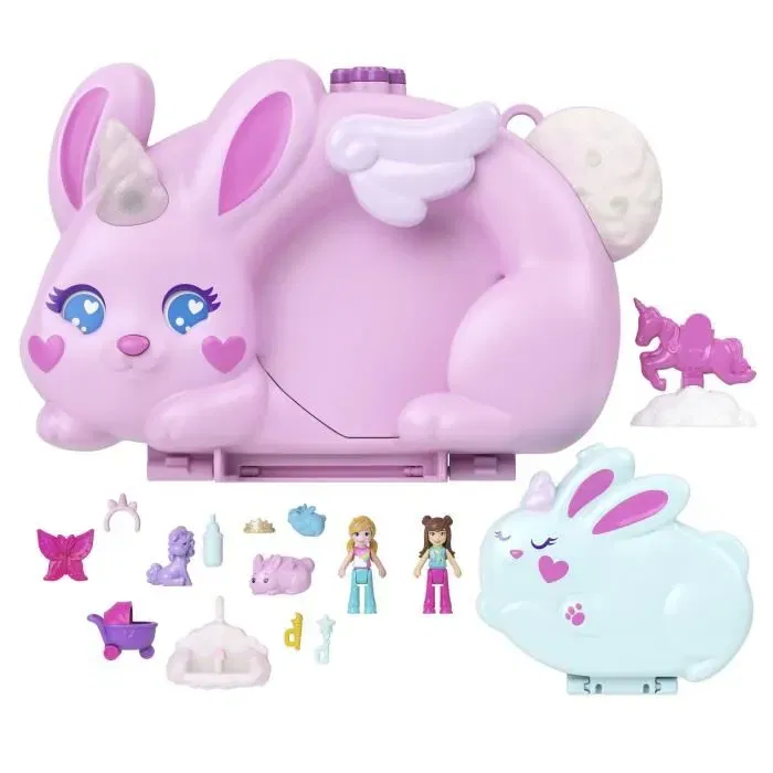 Polly Pocket - Coffret 2 en 1 Lapin JFT88 avec 2 figurines et 12 accessoires - Château et scène familiale - Jeu d'imagination pour enfants dès 4 ans