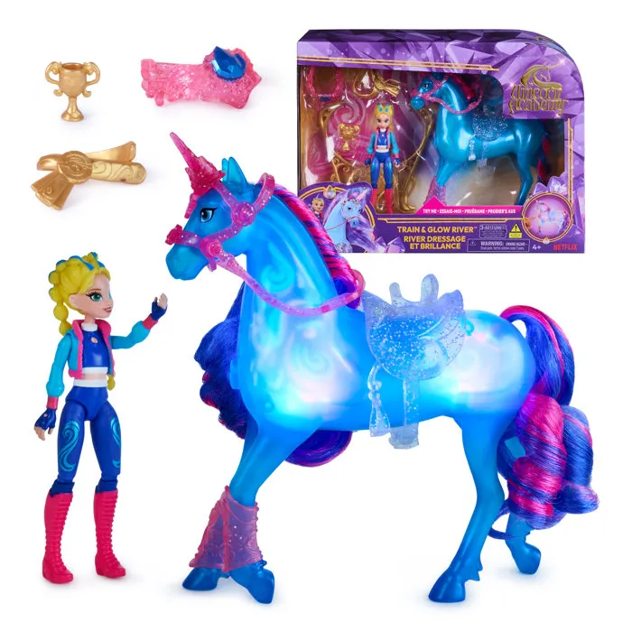 Spin Master Coffret de jeu Unicorn Academy - Playset interactif avec licorne lumineuse River et poupée Isabel articulée, obstacle et accessoires, à partir de 4 ans