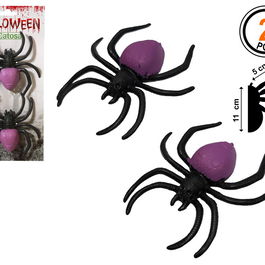 Lot de 2 Araignées Décoratives Noires avec Corps Violet Brillant - 11 cm - Pour Déguisement Sorcière et Décoration Halloween