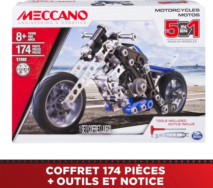 Bandai - Meccano - Kit de Construction Moto - Coffret 5 Modèles à Assembler - 174 Pièces - Jeu Éducatif de Mécanique - APM20103