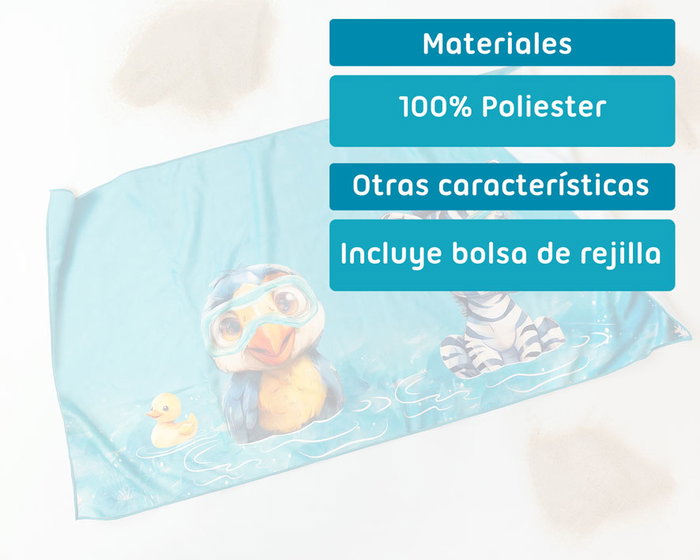 KioKids Toalla Playa Safari Fun - Toaille de Plage et Piscine en Microfibre, 75 x 150 cm, Motif Animaux, Sac Filet et Mousqueton Inclus, Pour Bébé et Enfant, Azul