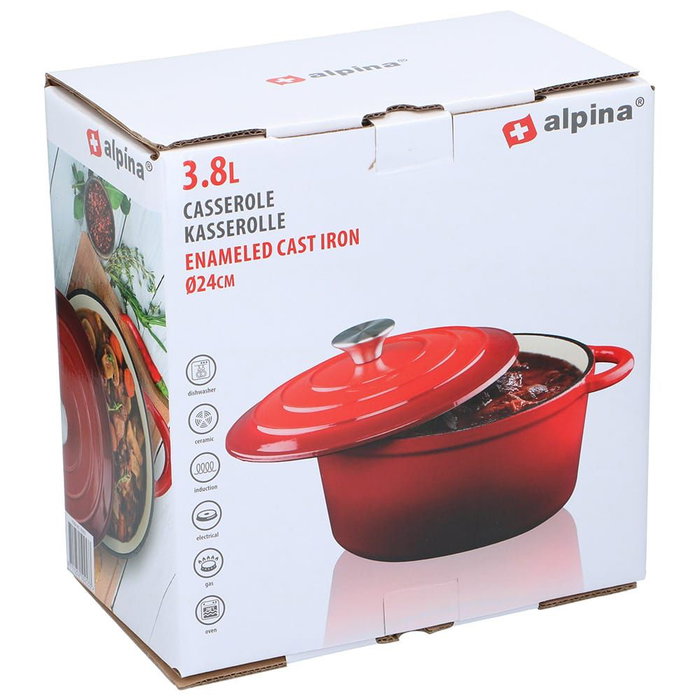 Alpina Casserole en fonte émaillée rouge 3,8 L Ø24 x 11,8 cm