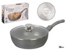 Kinvara Poêle Creuse Induction Forgée avec Couvercle 28 cm Gris Aluminium et Verre (Set de 6)