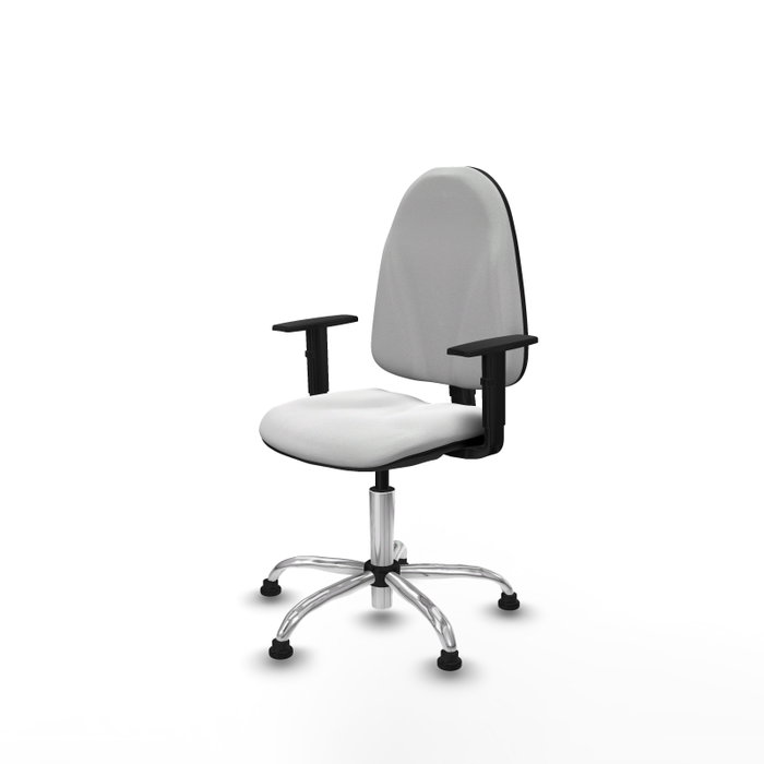 Chaise de bureau Algarra avec mécanisme Contact permanent de base, revêtement en tissu blanc. Équipée d'une base chromée, d'accoudoirs 1D et de butées