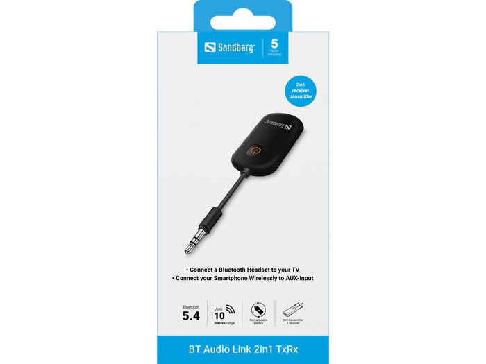 Sandberg BT Audio Link 2in1 TxRx - Transmetteur et récepteur Bluetooth audio, connexion pour casque, TV, smartphone et port AUX