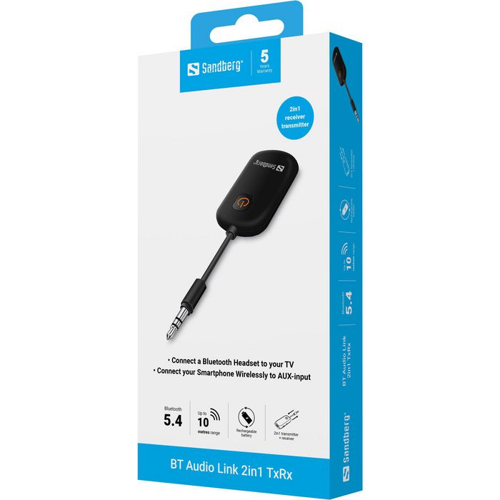 Sandberg BT Audio Link 2in1 TxRx - Transmetteur et récepteur Bluetooth audio, connexion pour casque, TV, smartphone et port AUX