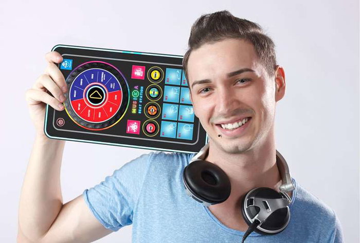 iDance Mini Table de Mixage Format Tablet avec Sons et Lumières, Fonctionne sur Piles AA, Dimensions 2.2x24.5x14 cm, Noir