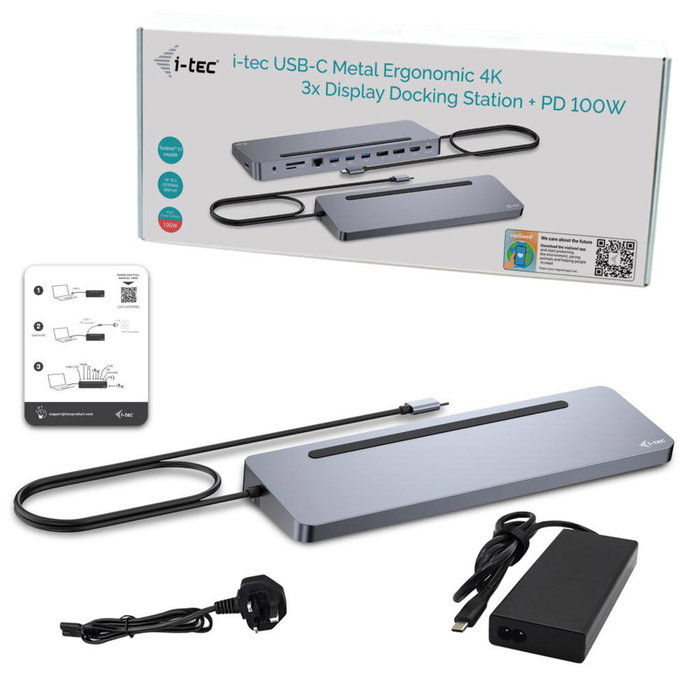 i-tec USB-C Metal Ergonomic 3x 4K Display Docking Station - Station d'accueil USB-C avec Power Delivery 100W, triple sortie vidéo 4K, 4 ports USB 3.2, Ethernet, chargeur 100W inclus i-tec USB-C Metal Ergonomic 3x 4K Display Docking Station - Station d'accueil USB-C avec Power Delivery 100W, triple sortie vidéo 4K, 4 ports USB 3.2, Ethernet, chargeur 100W inclus