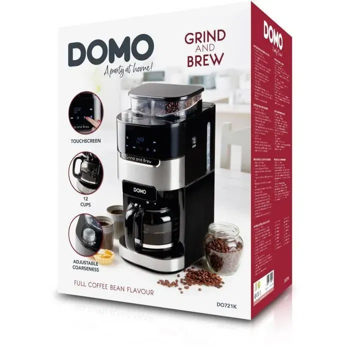 Domo DO721K Cafetière Filtre avec Moulin Intégré 900 W - 1.5 L (12 Tasses) - Écran LCD - 3 Intensités - Mouture Réglable - Carafe Verre - 200 g Réservoir à Grains