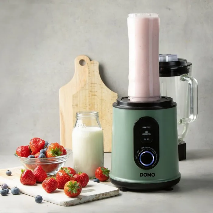Domo - DO734BL - Blender 2-en-1 800 W avec Carafe Verre 1,5 L et Gourde 600 ml - Vert - Mixeur Smoothie, Soupe, Glace Pilée - Vitesse Variable