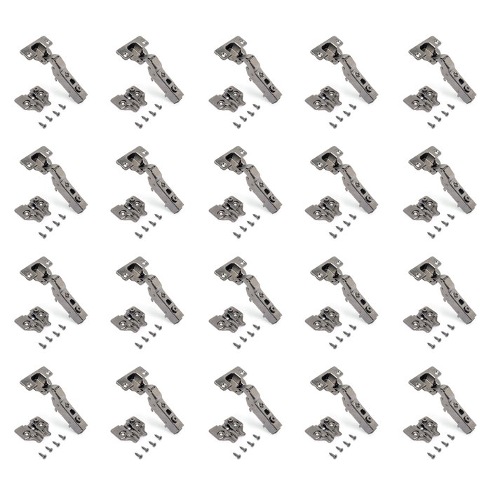 Emuca Lot de 20 charnières coudées X91 avec fermeture amortie et embases à visser, hauteur 0, acier, titane Emuca Lot de 20 charnières coudées X91 avec fermeture amortie et embases à visser, hauteur 0, acier, titane