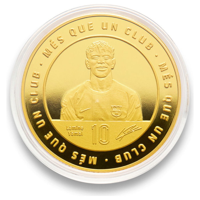 MOCILAB - Médaille commémorative Lamine Yamal FC Barcelona - Zamak doré avec relief - Sous capsule acrylique - Collection