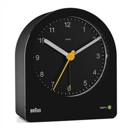 Braun BC-22-B Réveil classique analogique noir avec mouvement silencieux et aiguilles lumineuses