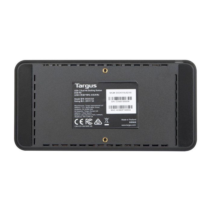 Targus DV4K Station d'accueil USB-C Universelle avec 65W Power Delivery, 3xUSB-A, 2xUSB-C, 2xHDMI 2.0, Gigabit Ethernet, Audio, Montage VESA - Noir