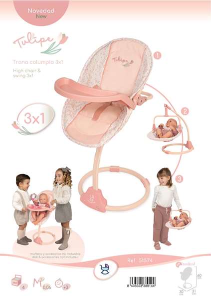 Decuevas Chaise bébé balançoire Tulipe 3-en-1 pour poupées jusqu'à 50 cm - Dimensions 30x31x60 cm, en métal, plastique et polyester